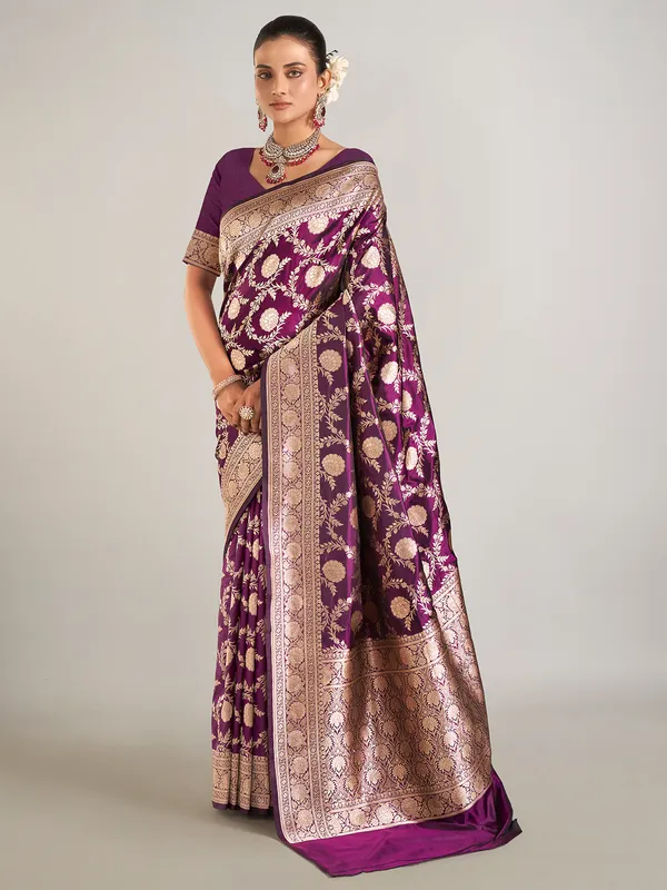 Dark purple banarasi silk saree for wedding wear