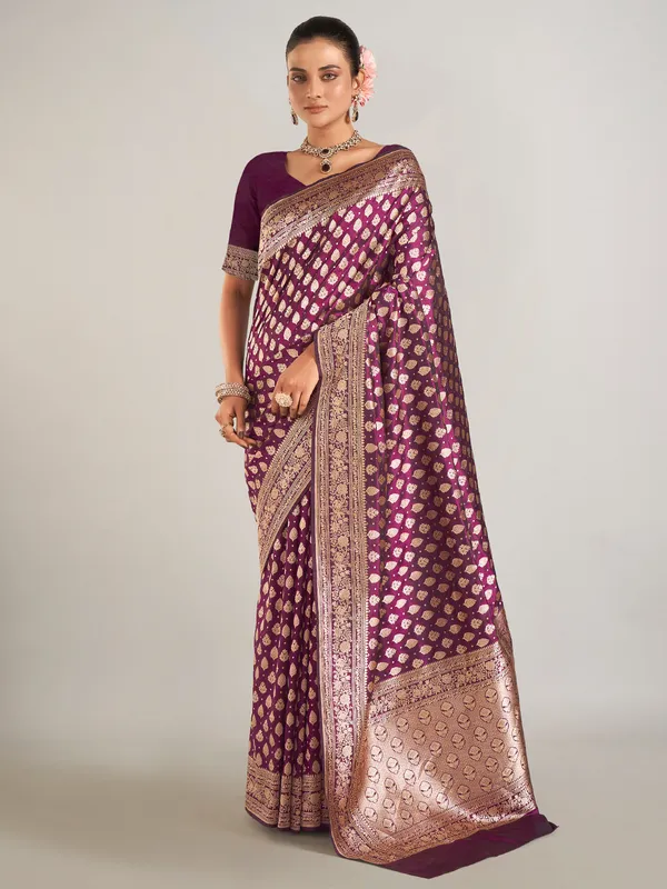 Dark purple banarasi silk zari weaving saree