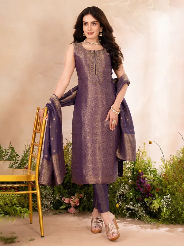 Dark purple brocade silk salwar suit for women