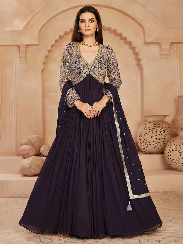 Dark purple georgette anarkali suit with festive work