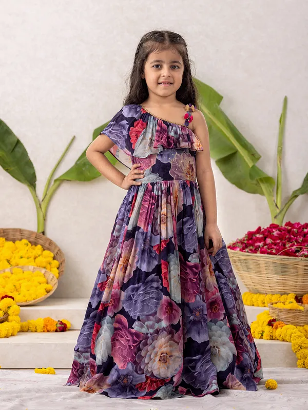 Dark purple georgette printed gown