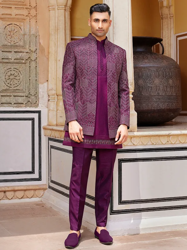 Dark purple luxurious indo western for men