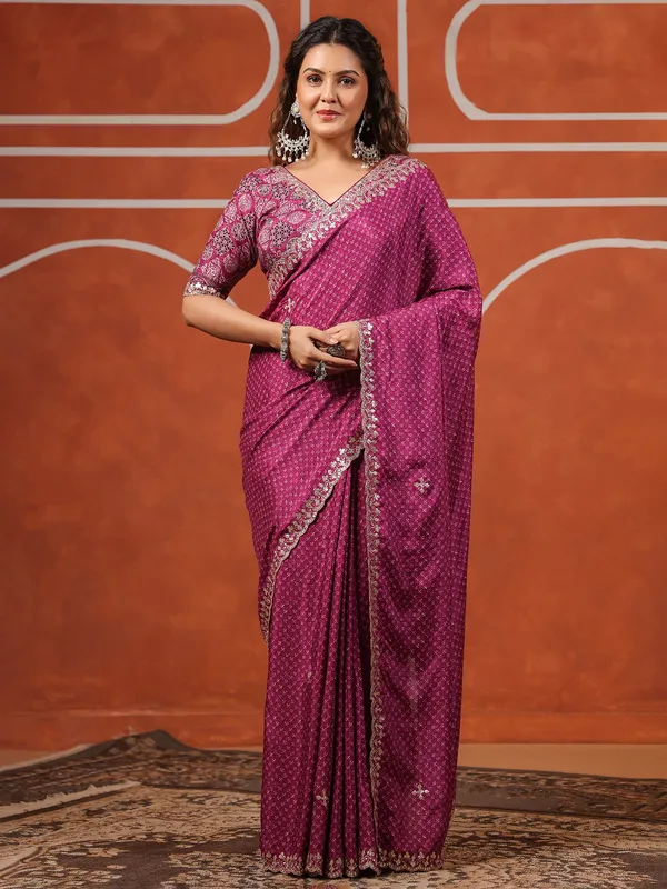 Dark purple printed muslin saree