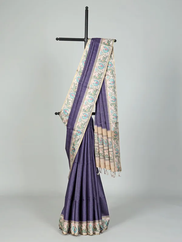 Dark purple printed semi cotton silk saree for festive