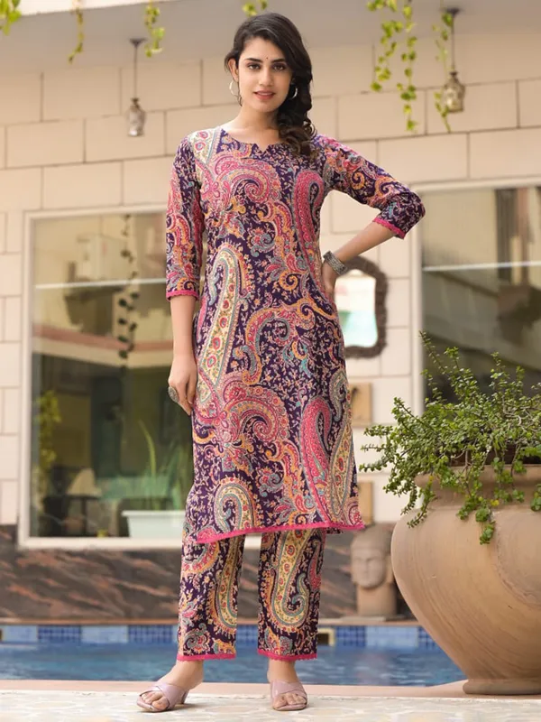 Dark purple printed silk kurti set