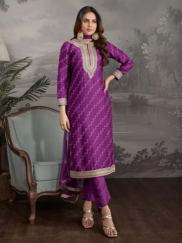 Dark purple printed silk salwar suit