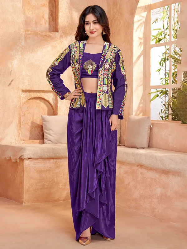 Dark purple satin silk designer indowestern suit