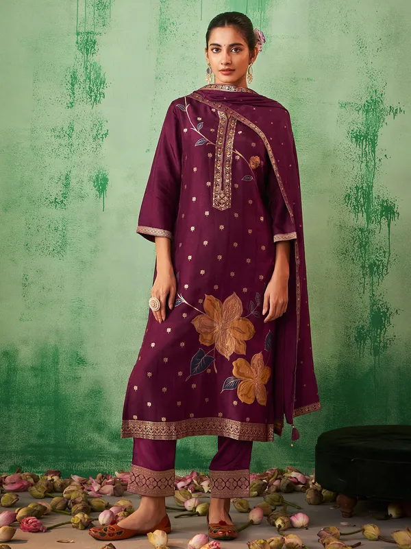 Dark purple silk kurti set for festive