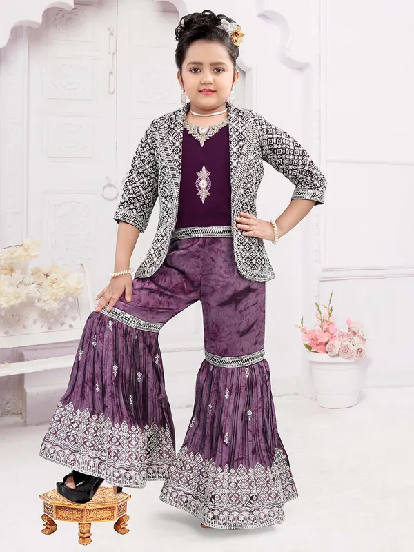 Dark purple silk pakistani sharara salwar suit