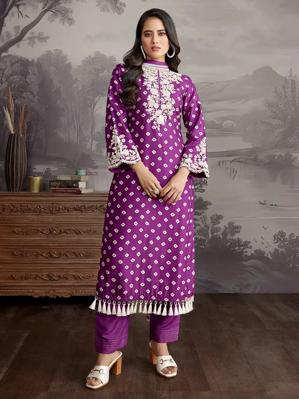 Dark purple silk printed salwar suit