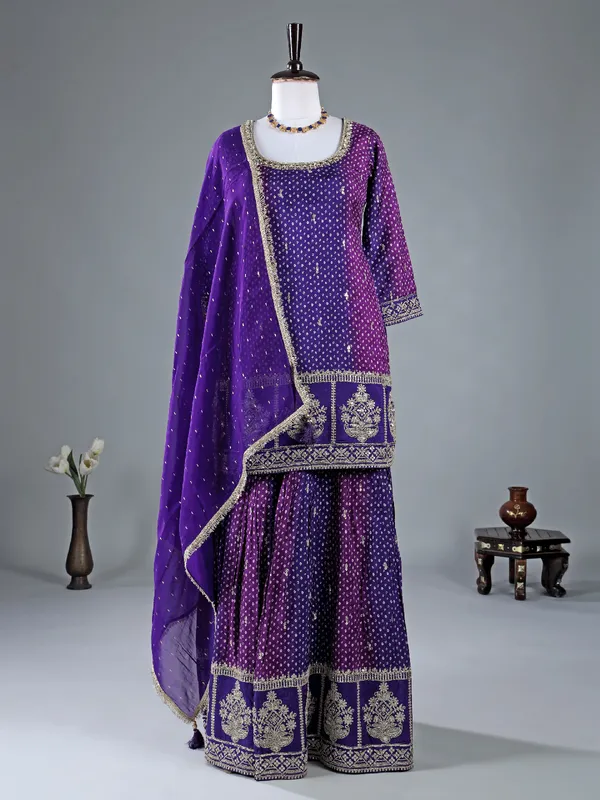 Dark purple silk sharara suit in printed