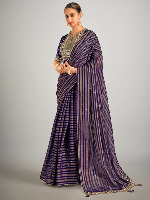 Dark purple soft organza wedding saree