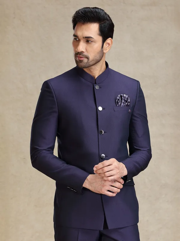 Dark purple textured bandh gala jodhpuri jacket suit