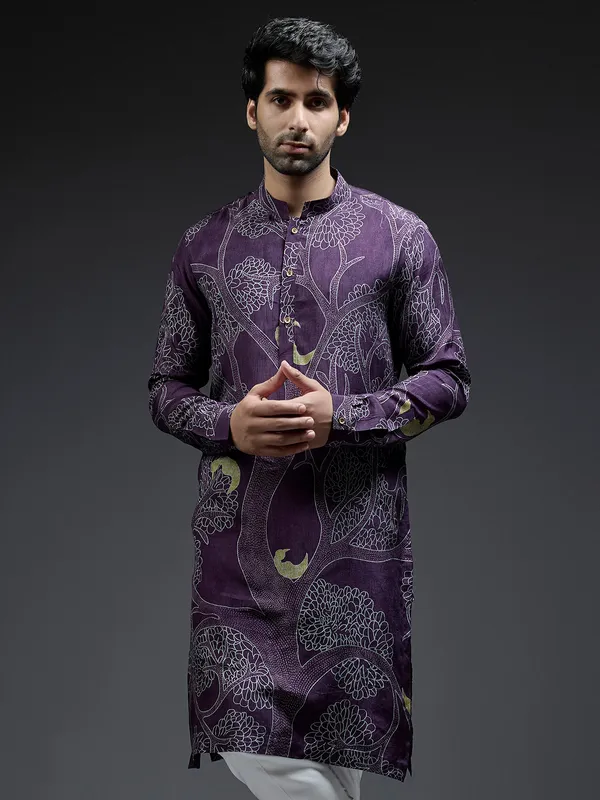 Dark purple tree printed kurta suit in silk