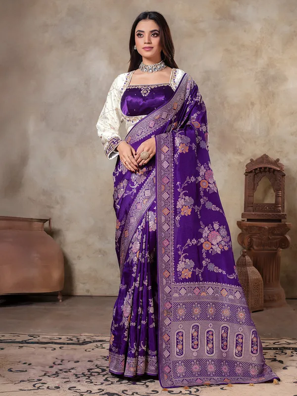 Dark purple zari weaving saree in dola silk
