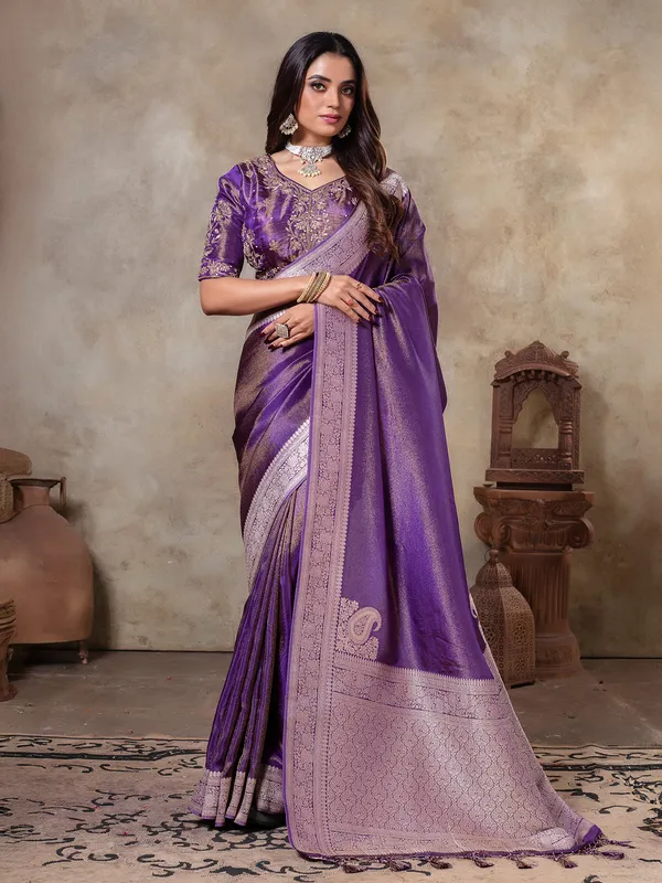 Dark purple zari weaving silk saree for women