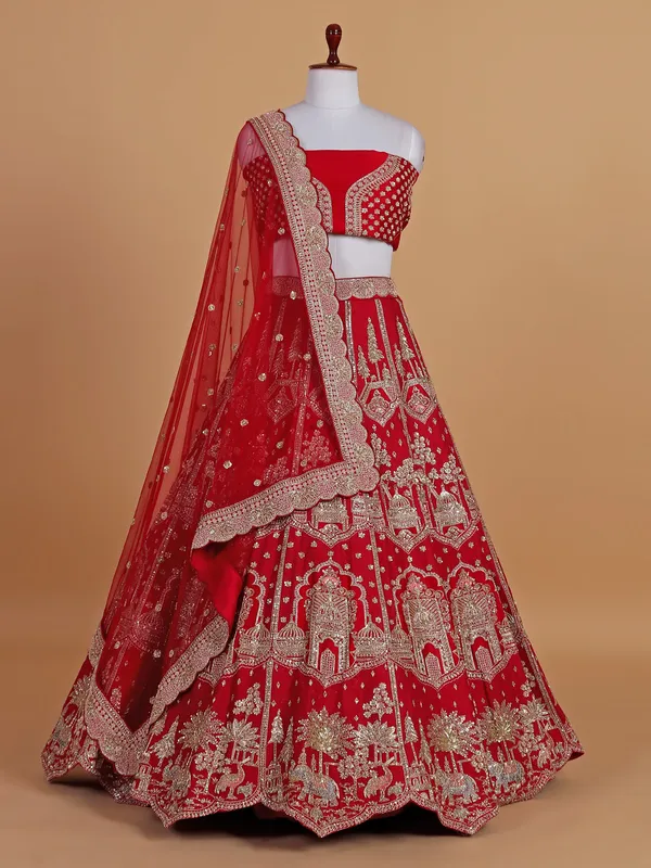 Dark red silk wedding style lehenga choli