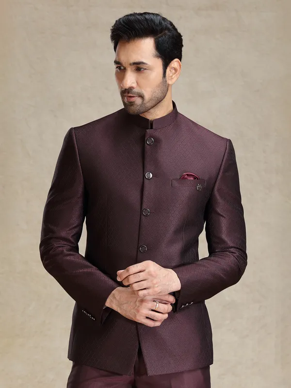 Dark wine textured bandhgala jodhpuri set