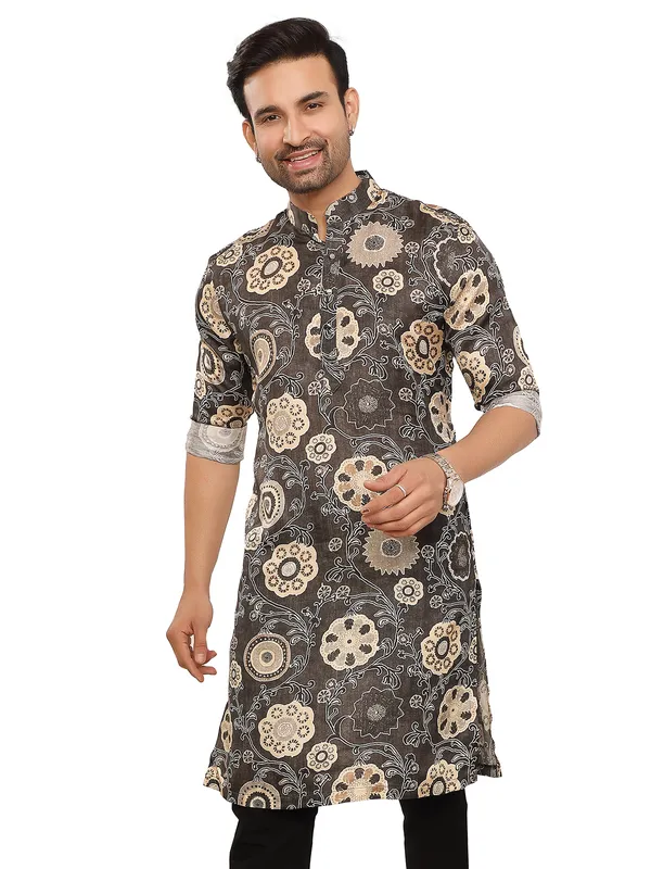 Dashing charcoal grey printed kurta
