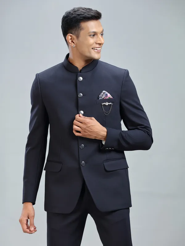 Dashing navy jodhpuri suit in premium terry rayon fabric