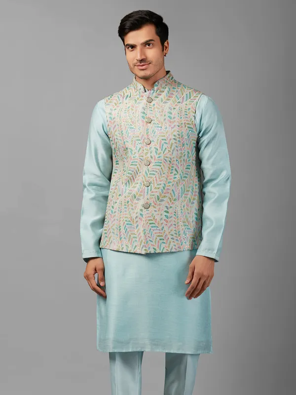 Dashing sky blue silk waistcoat set