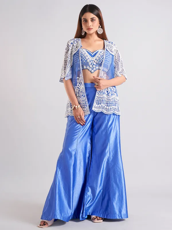Dazzling blue satin palazzo salwar suit