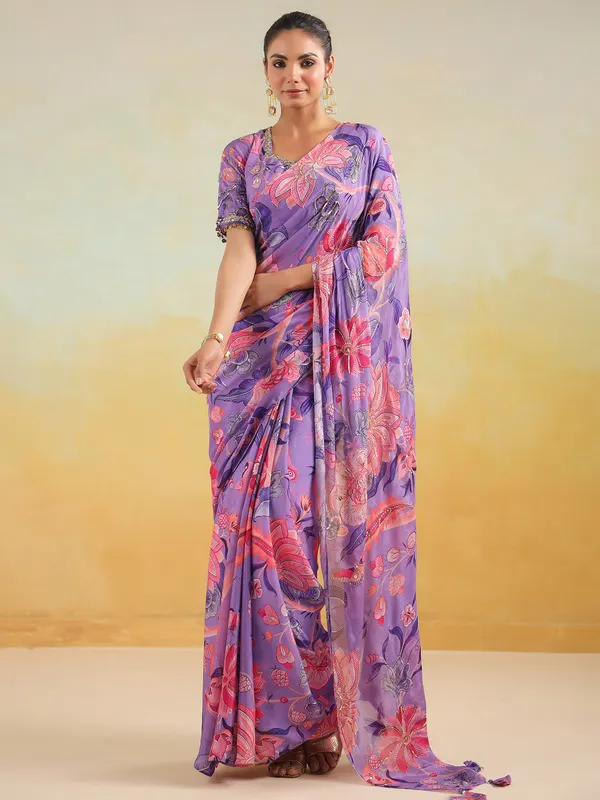 Dazzling purple satin silk saree