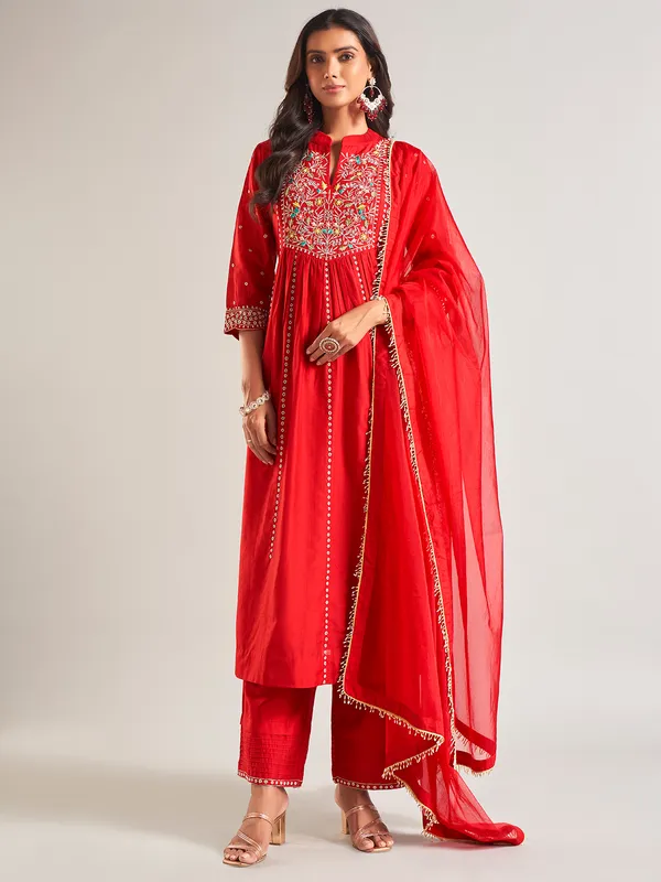 Dazzling red silk salwar suit with dupatta