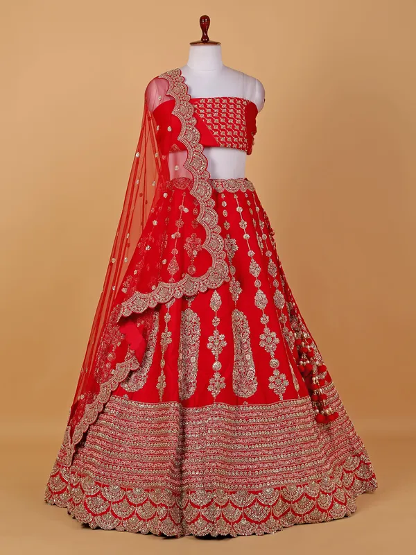 Dazzling red unstitched bridal lehenga choli