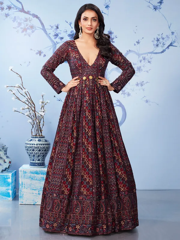 Dazzling wine silk anarkali salwar suit
