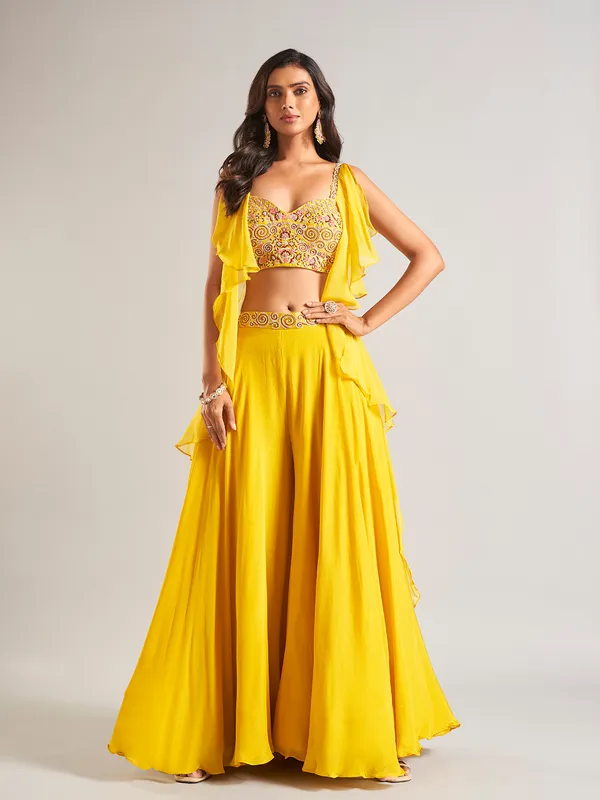 Dazzling yellow silk palazzo salwar suit