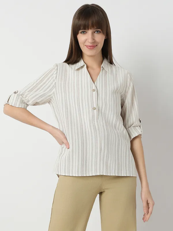 DEAL beige silk top in stripe pattern