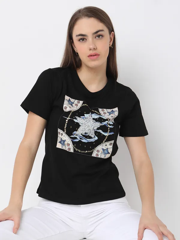 Deal black printed half sleeve t-shirt