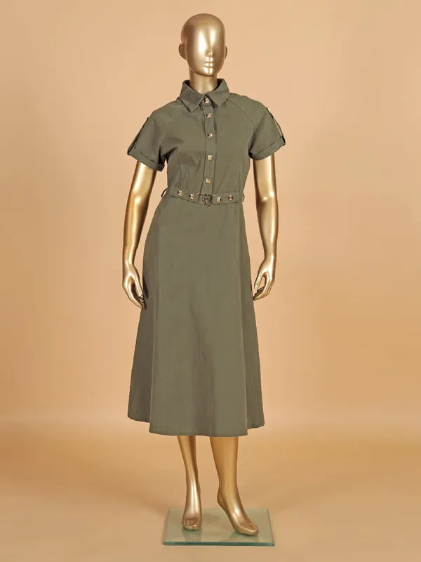 DEAL dark olive women dress in cotton silk