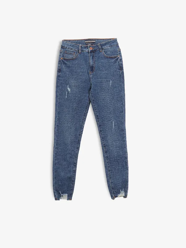 DEAL indigo blue washed and ripped crop jeans