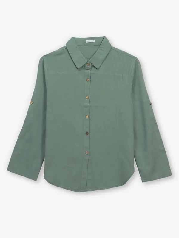 DEAL plain pista green cotton silk shirt