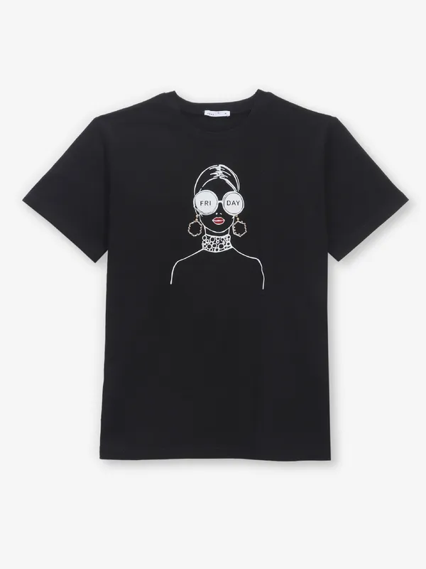 DEAL printed black cotton t-shirt for women