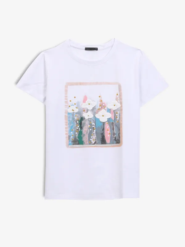 DEAL printed white cotton round neck t-shirt