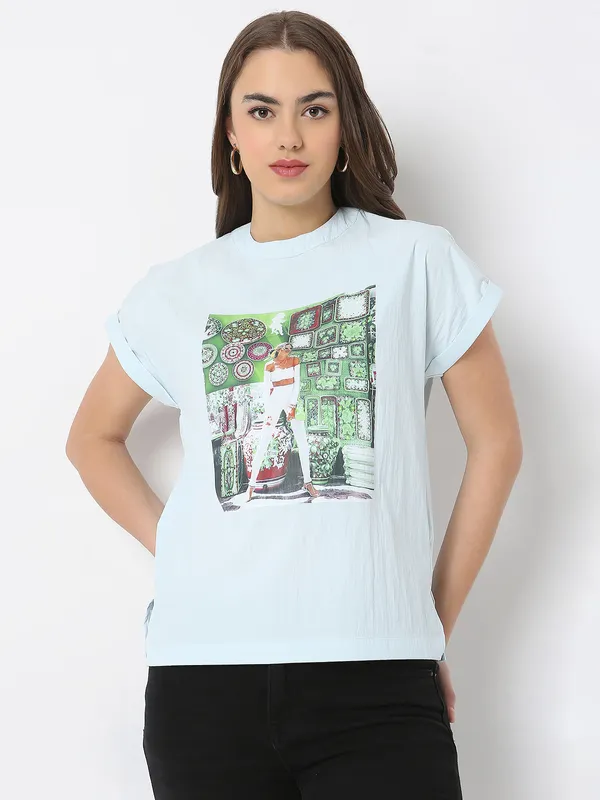 DEAL sky blue printed cotton t-shirt
