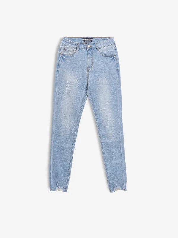 DEAL sky blue washed and ripped crop jeans