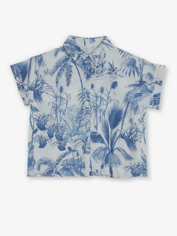 DEAL white and blue printed crop shirt