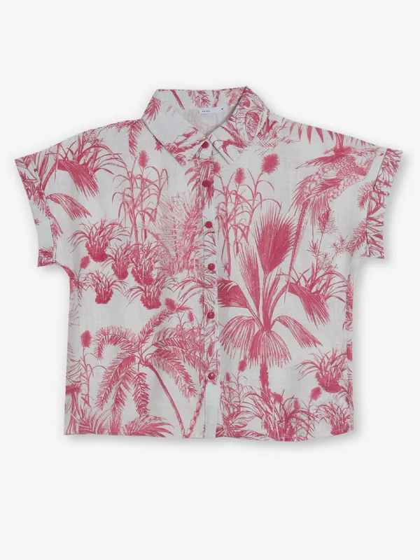 DEAL white and pink printed cotton crop shirt