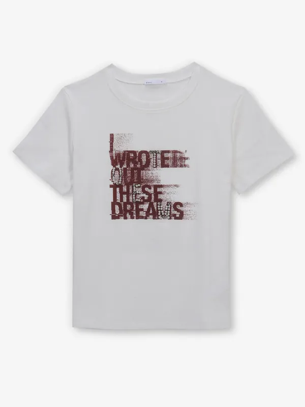 DEAL white printed cotton roumd neck t-shirt