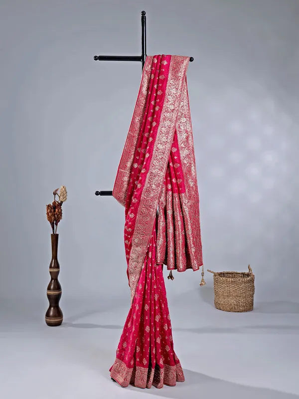 Deep magenta silk zari weaving saree for wedding look