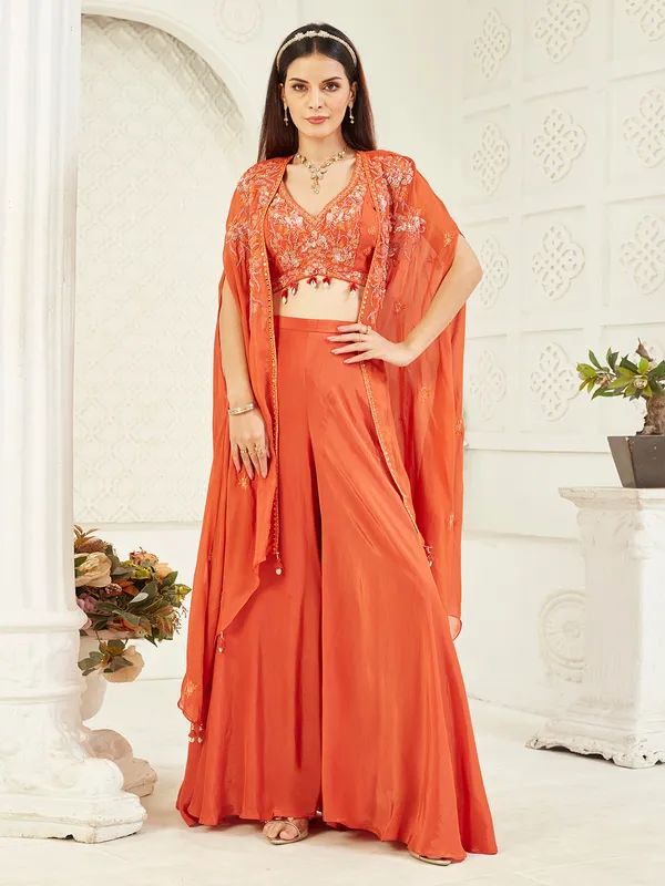 Deep orange satin silk Jacket style palazzo suit
