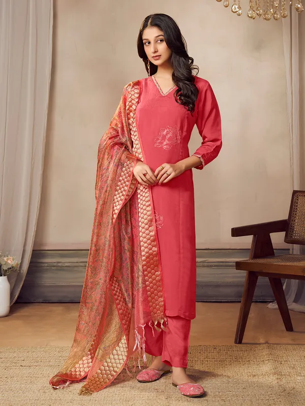 Deep peach silk kurti set with dupatta