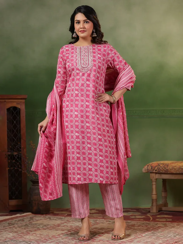 Deep pink printed silk kurti set