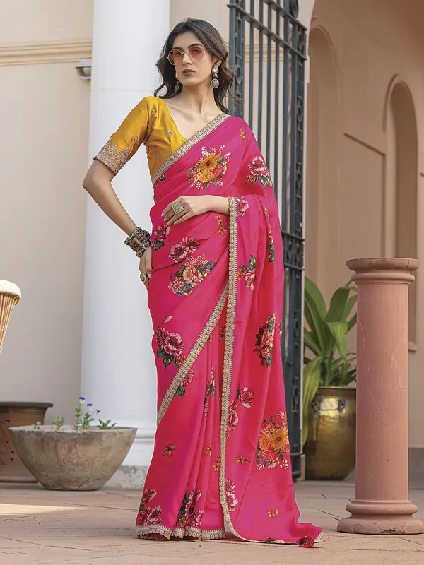 Deep pink viscose dola silk saree