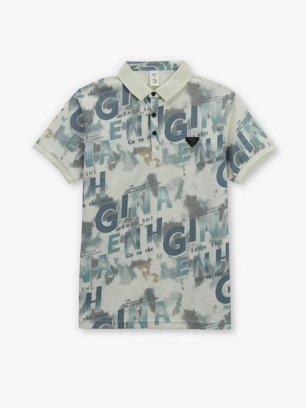 DEEPEE cream printed cotton polo t-shirt