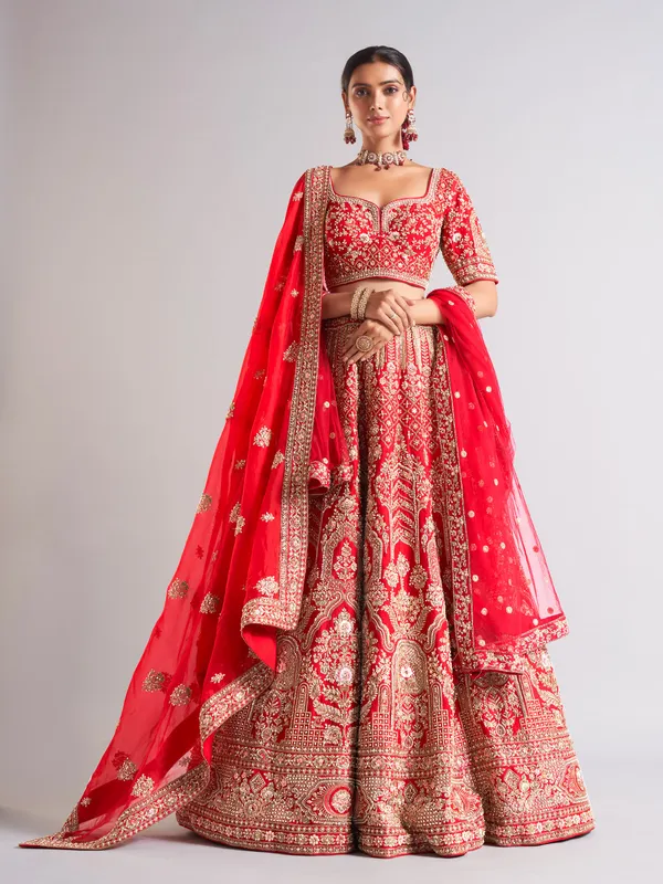 Delightful red raw silk lehenga choli